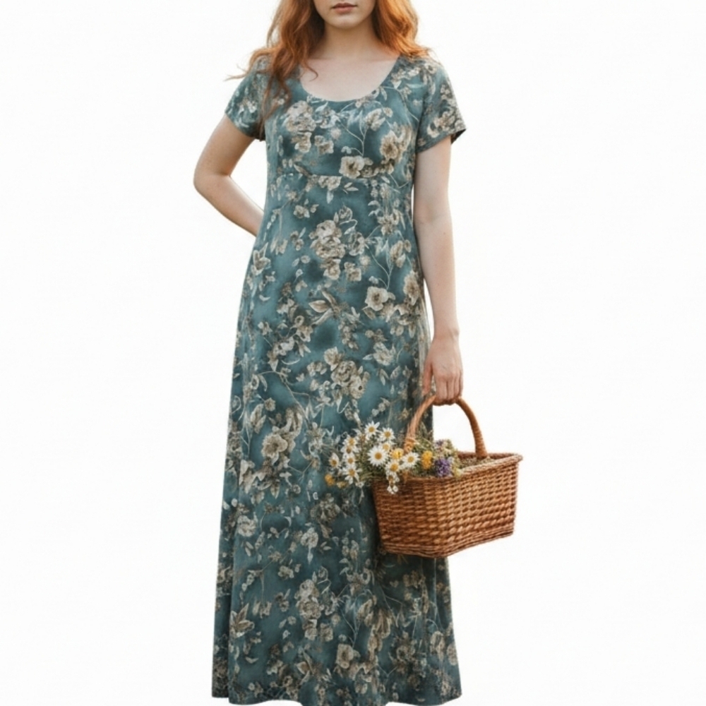 ​Vintage All That Jazz 90s Grunge Floral Maxi Dress Tie Back Cottagecore Green S